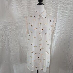 Dragonfly Print Sleeveless Long Blouse Embroidered Lace Trim Large Whimsical